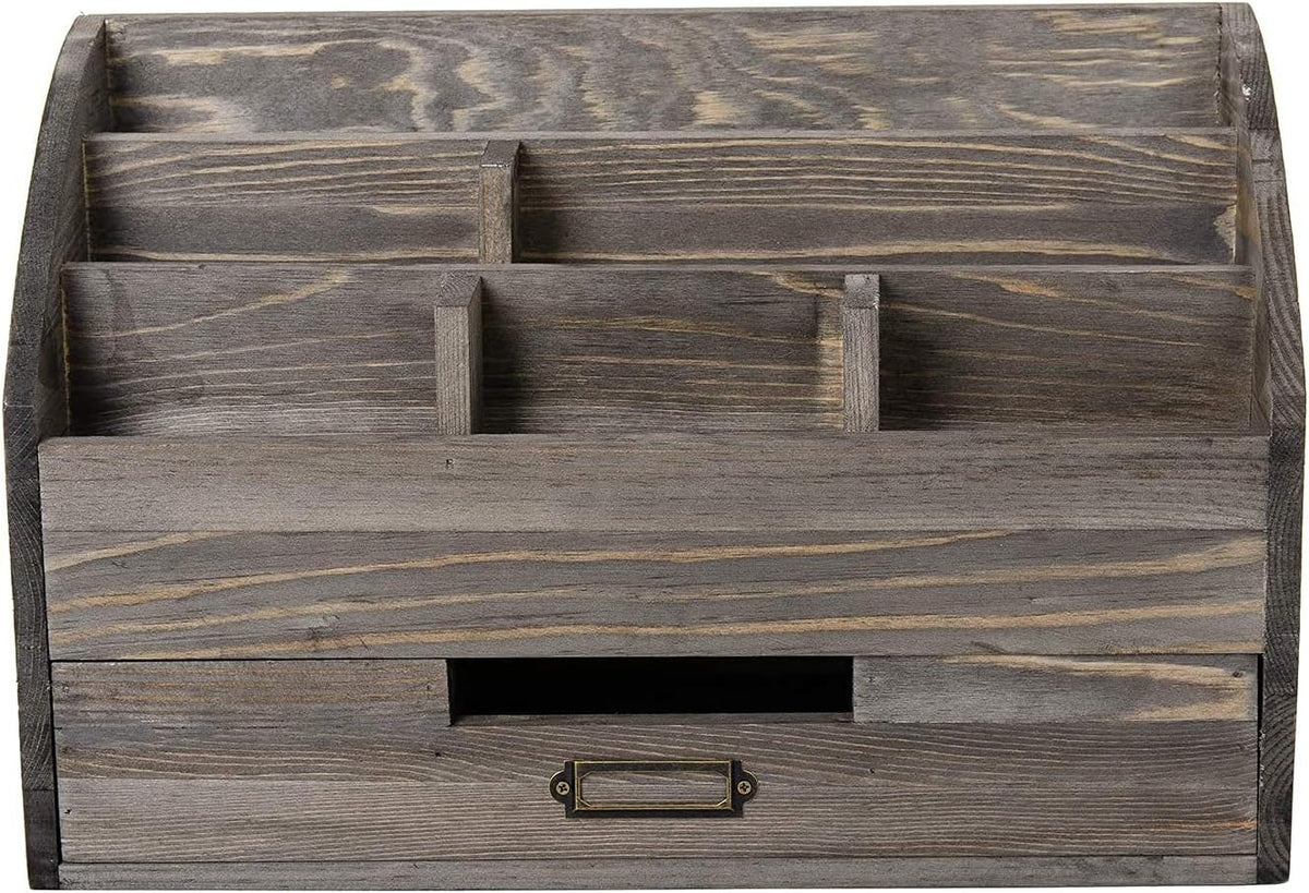 Rustic Wood Desk Organizer and Storage with Drawer and Pen Holder Bill Mail O...