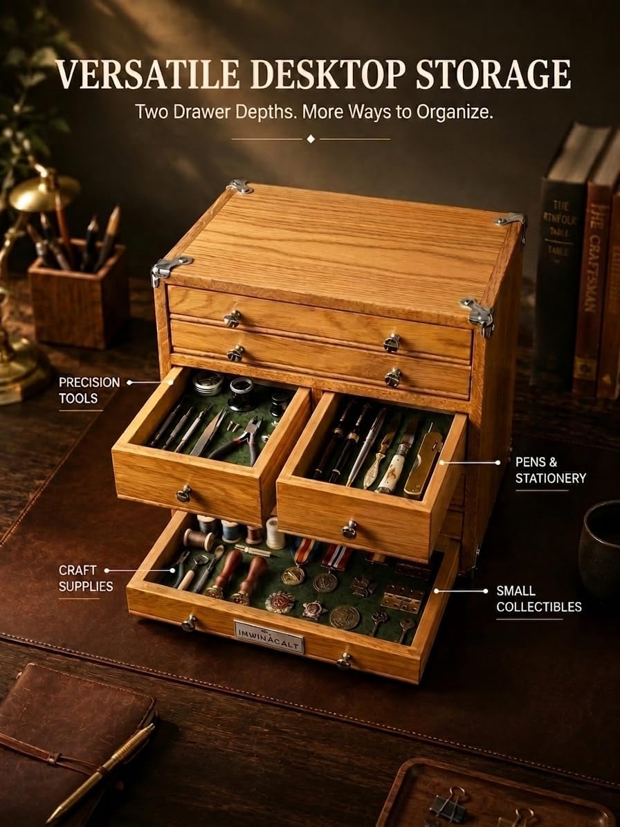premium oak wood organizer chest, 6 drawer desktop, side view