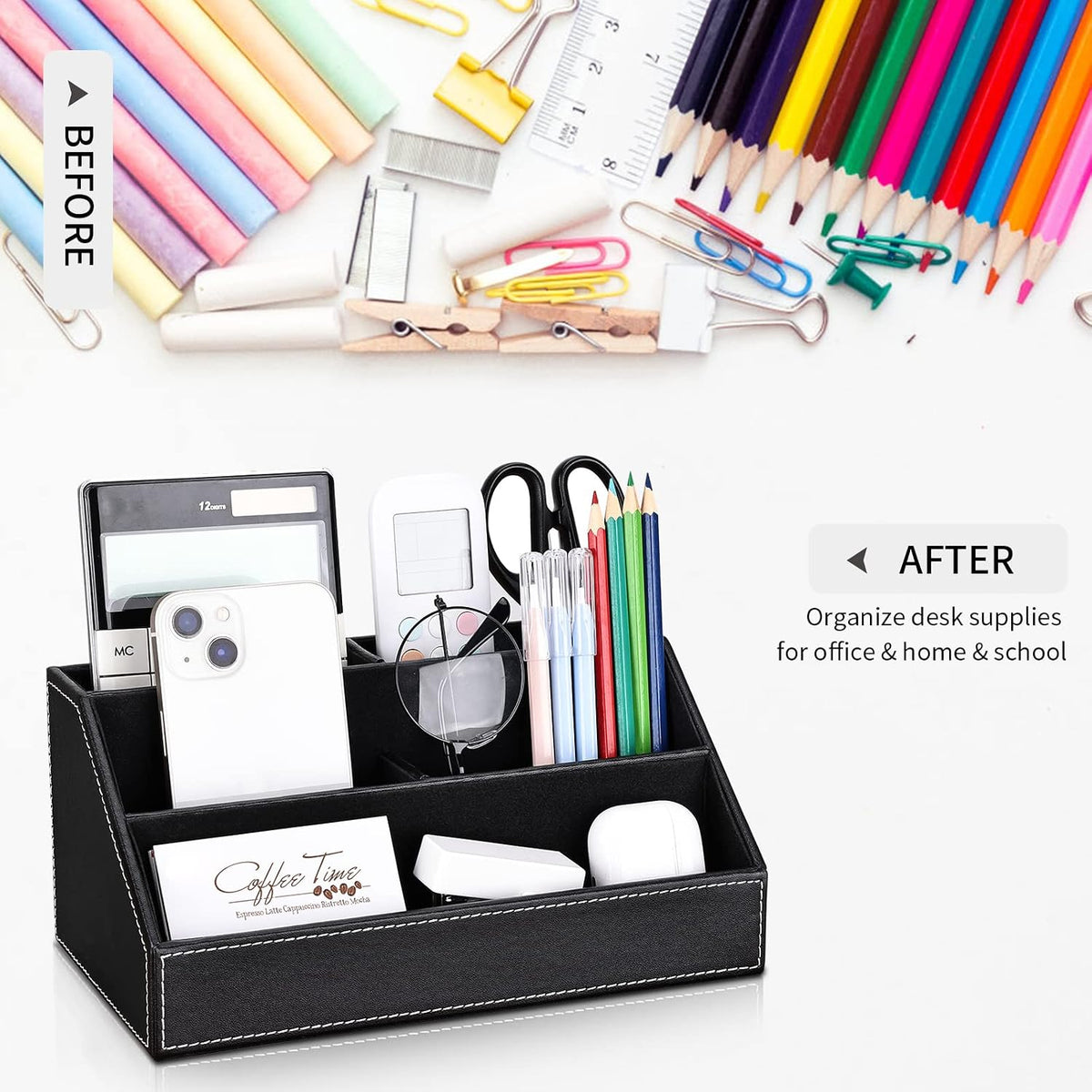 kingfom 5pcs desk organizer and accessories set, pu, front angle view