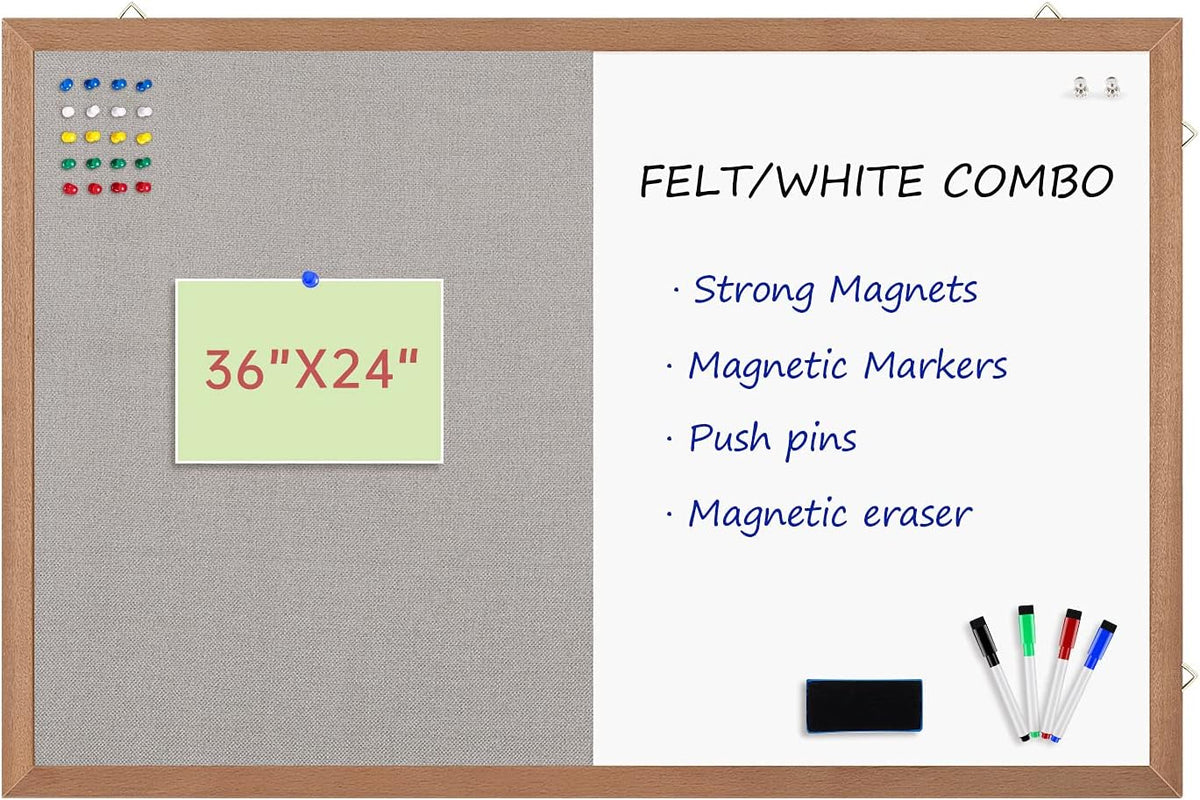 Grey Felt Bulletin/Dry Erase White Combo Board, 36" X 24“ Combination Wh...