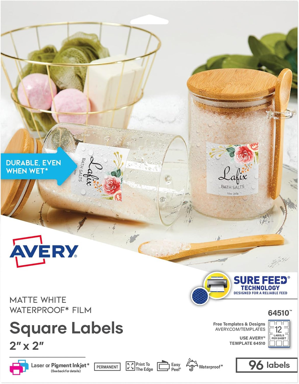 Avery® Durable Waterproof Square Labels, Sure Feed® Technology, 2" x 2", White, Laser & Pigment-Inkjet Compatible, 96 Blank Labels Total, Great for Branding, Packaging, and More (64510)