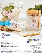Avery® Durable Waterproof Square Labels, Sure Feed® Technology, 2" x 2", White, Laser & Pigment-Inkjet Compatible, 96 Blank Labels Total, Great for Branding, Packaging, and More (64510)