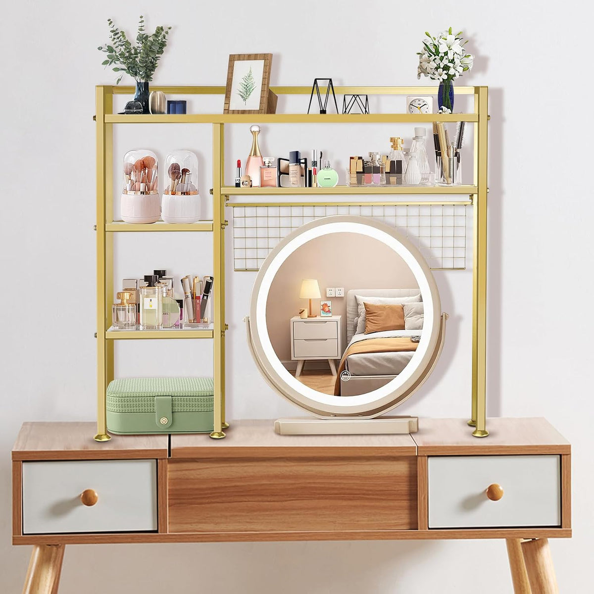 Desk Shelf with Grid Panel, 37.5" Desktop Hutch Organizer, 4-Tier Desk B...