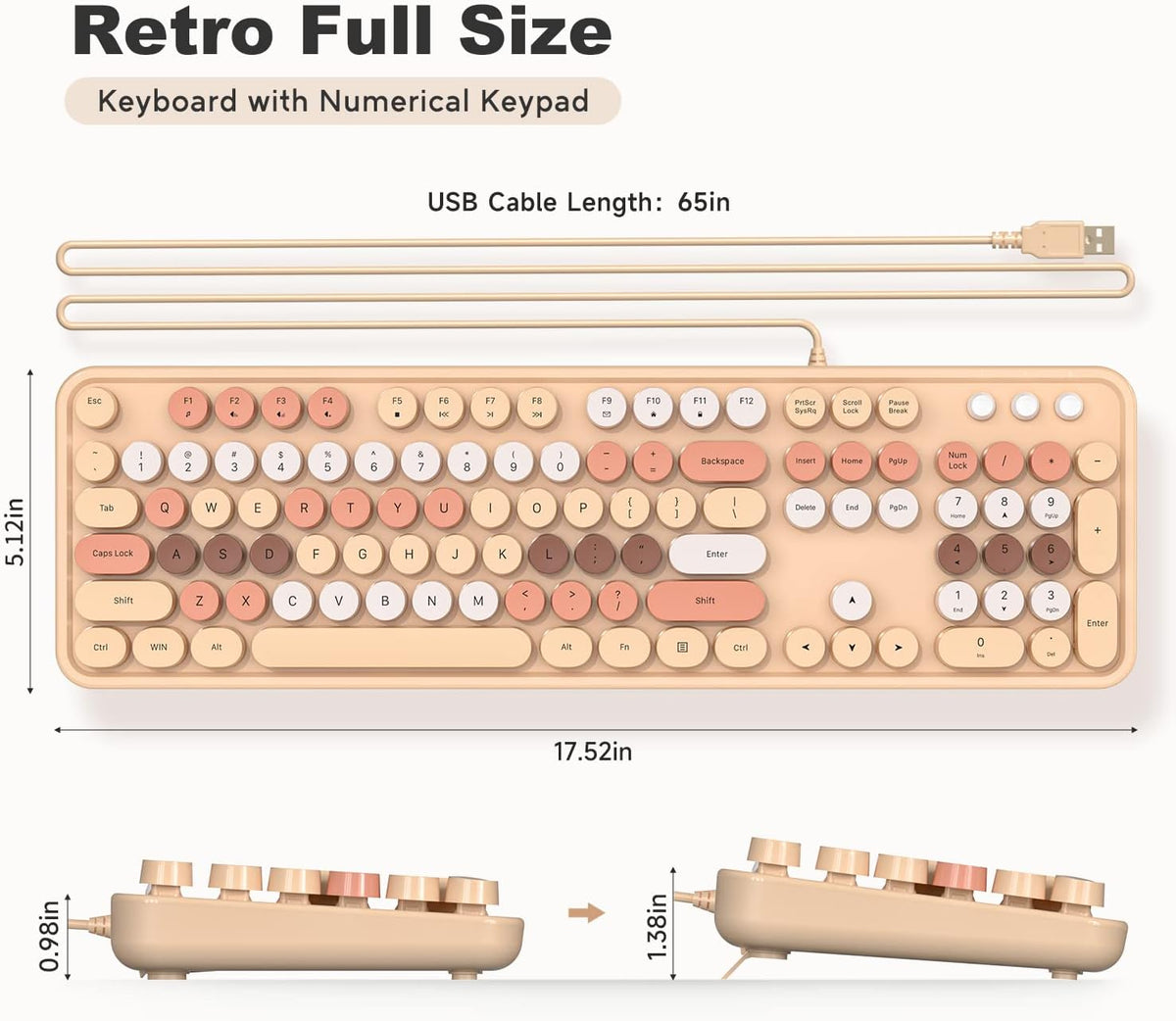 KNOWSQT Wired Computer Keyboard - Milk Tea Colorful Retro Full Size Round Key...