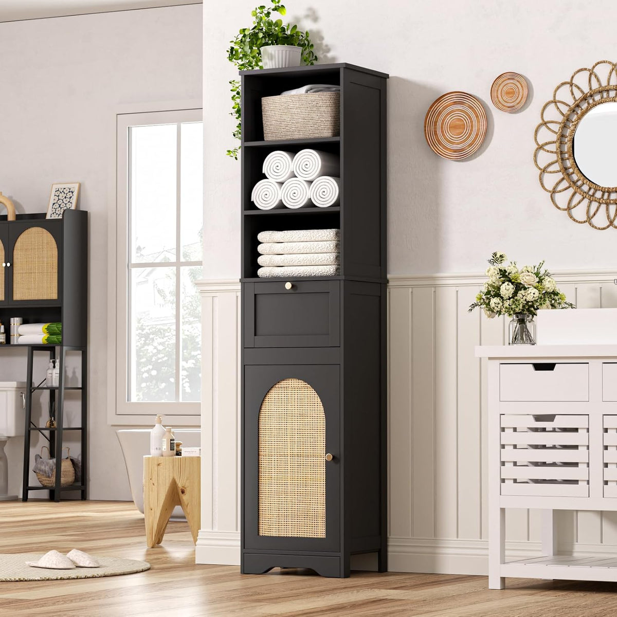 Tall Narrow Rattan Bathroom Storage Cabinet with Doors and Drawers, Black