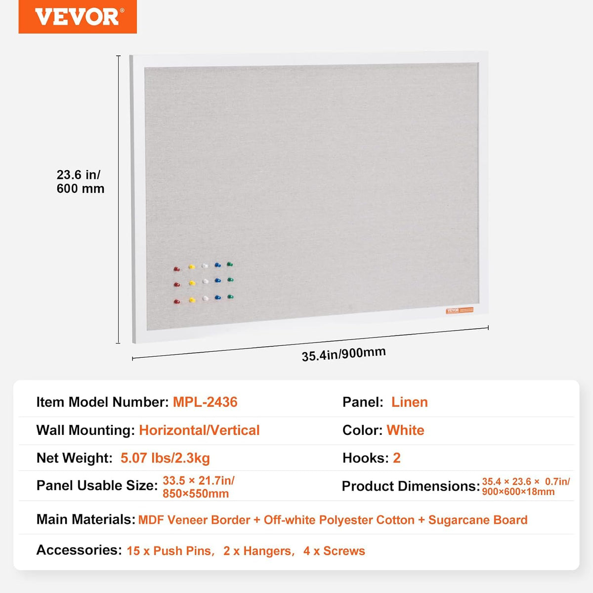 VEVOR 36"x24" White Cork Board with Linen Surface – Stylish Wall-Mo...