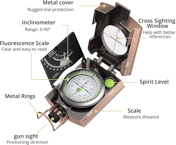 Anbte Compass Hiking Survival, IP65 Waterproof Metal Compass - Image 6