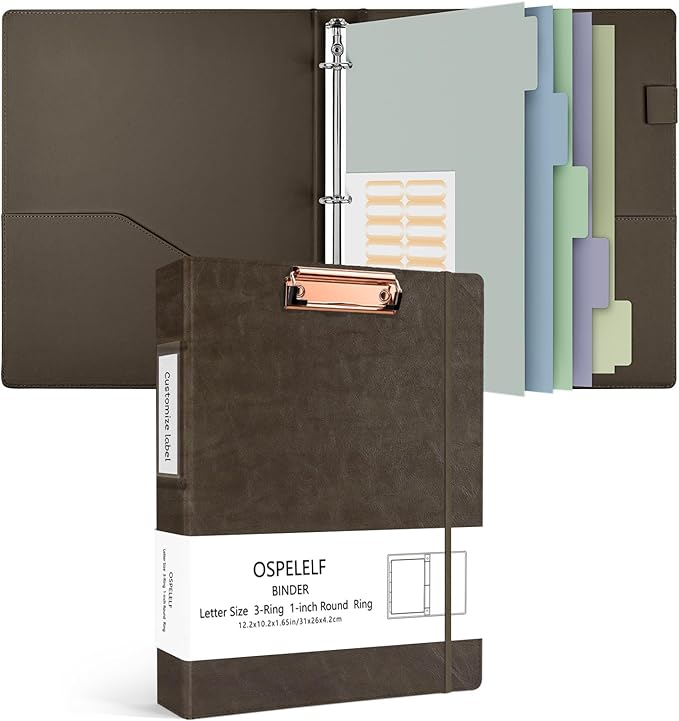 Ospelelf 1 Inch 3 Ring Binder Vintage Hardcover, Leather Clipboard Organizer by OspelelfOfficeSupplies