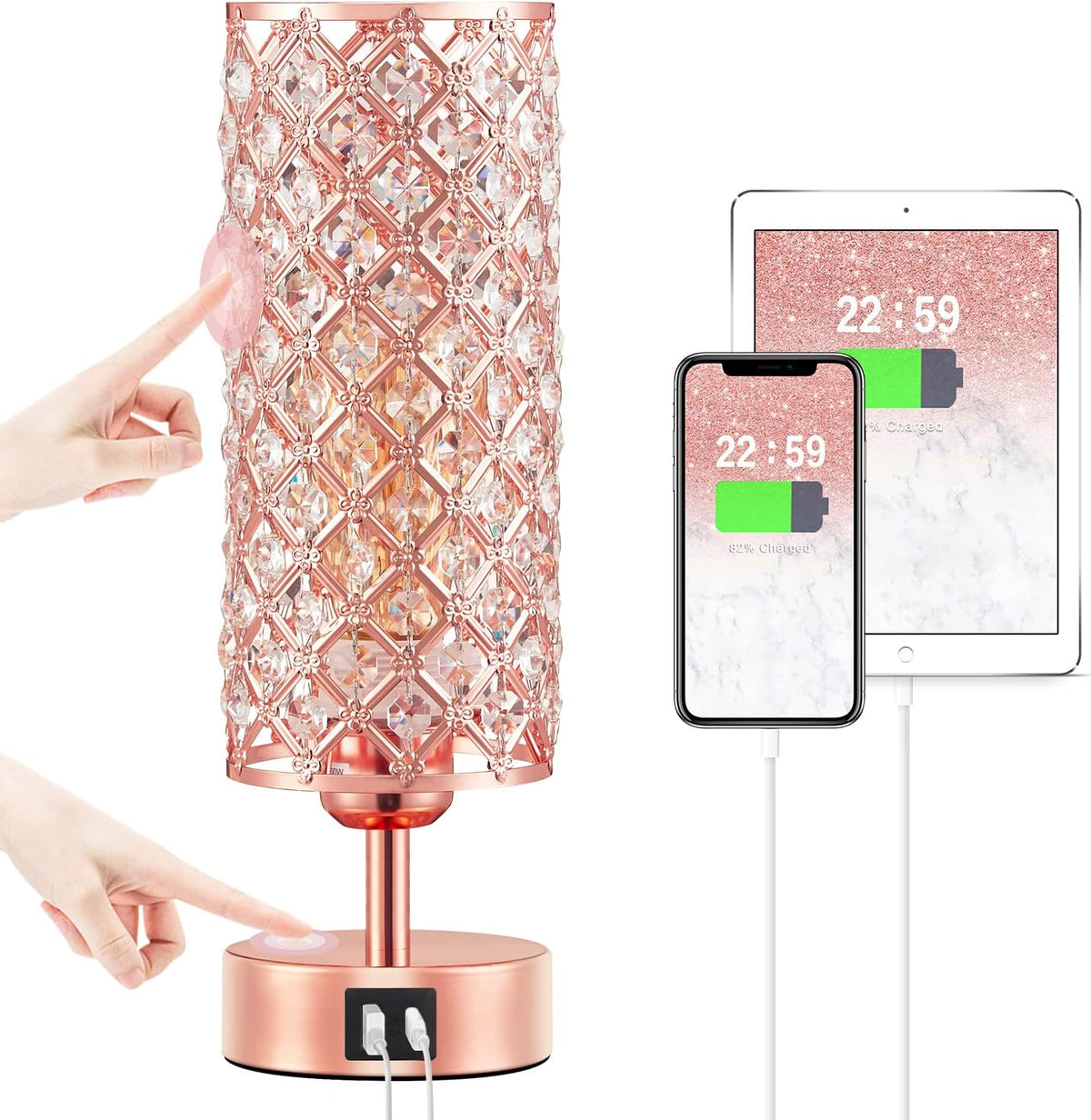 pink crystal table lamp, 3 way dimmable touch shown in use