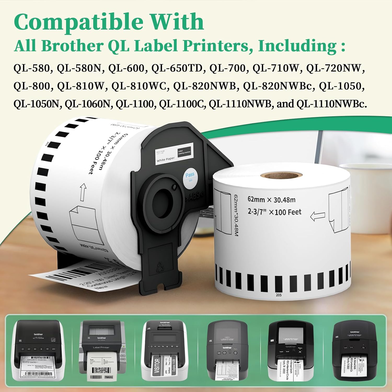 2.4 Inch x 100 Feet Continuous Thermal Labels, 12 Rolls | Replacement for Brother Dk-2205, Compatible with QL-Series Printers Listed Below, Includes One Reusable Frame