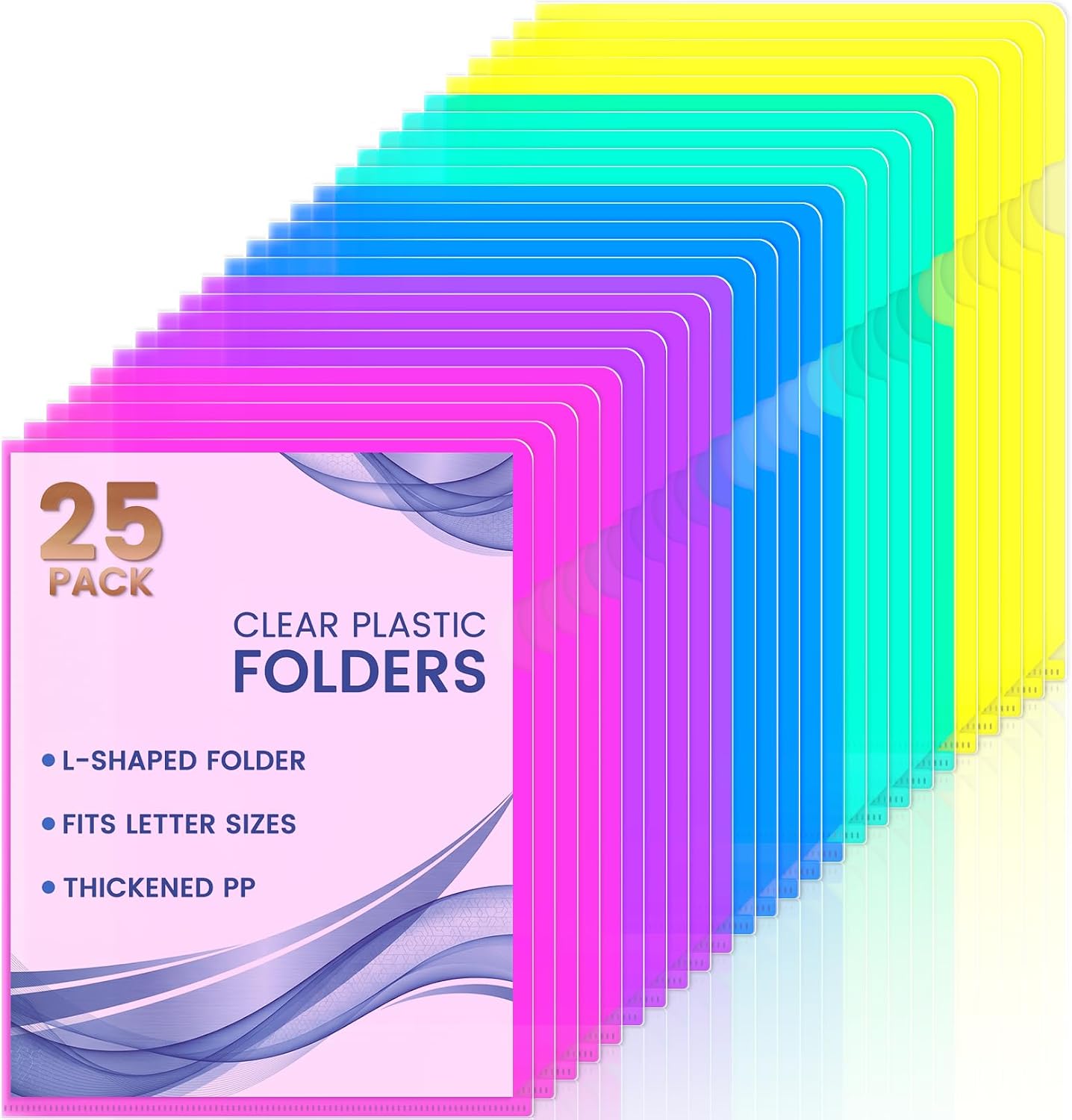 Sooez 25 Pack Clear Document Folder Project Pockets, Clear Plastic Folders Letter Size Plastic Document Folders Paper Poly Jacket Sleeves Folders Copy, 5 Assorted Colors