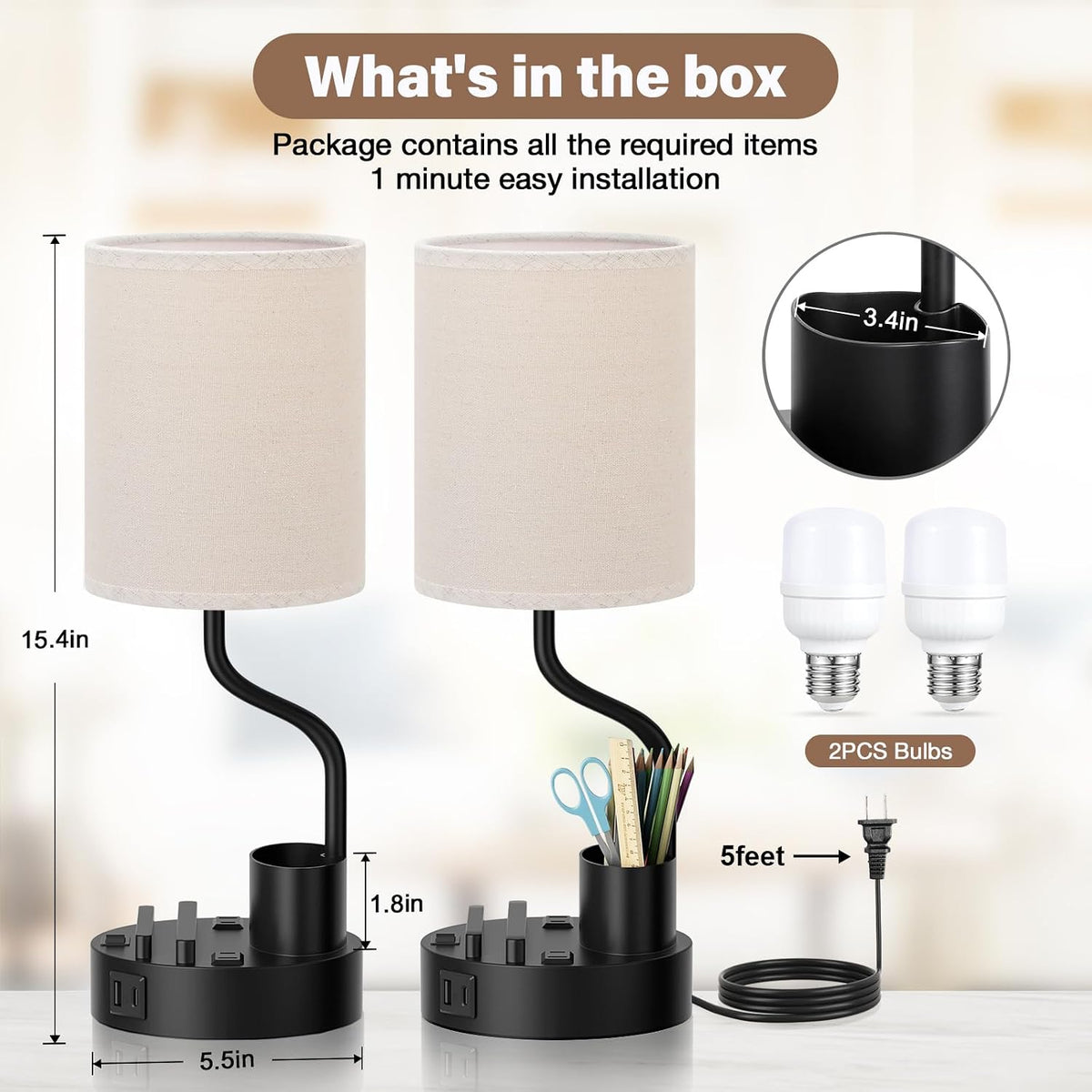 fenmzee bedside lamps for bedroom set of 2, package contents