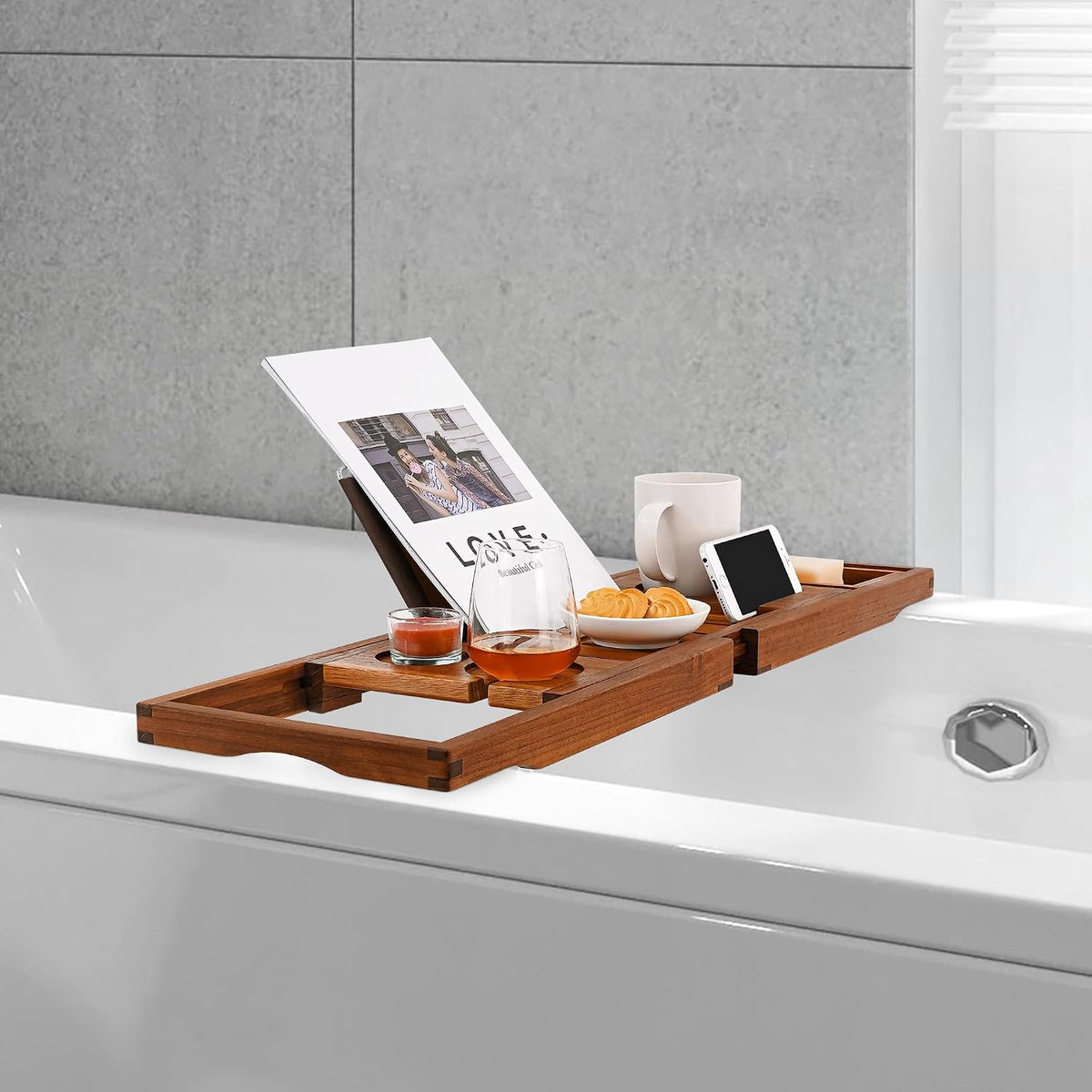 Utoplike Teak Bathtub Caddy, Expandable Bath Table Tray for Tub