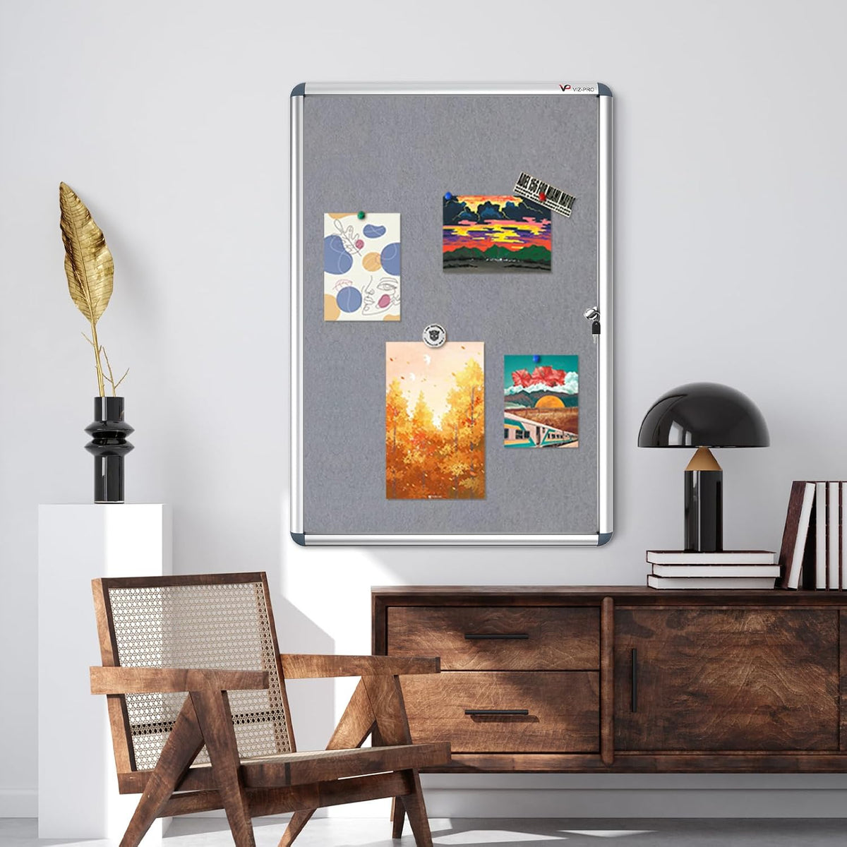 VIZ-PRO Tamperproof Lockable Gray Fabric Noticeboard Aluminium Framed 36x24 I...