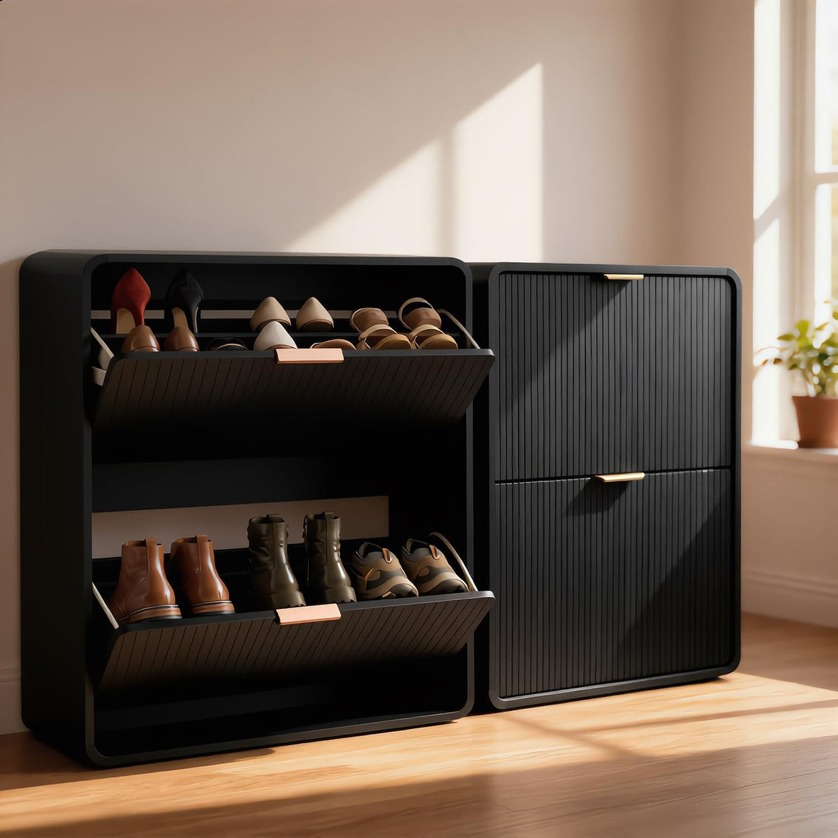 Modern Shoe Cabinet with 2 Flip Drawers, Fluted Panel Freestanding Wood Organ...