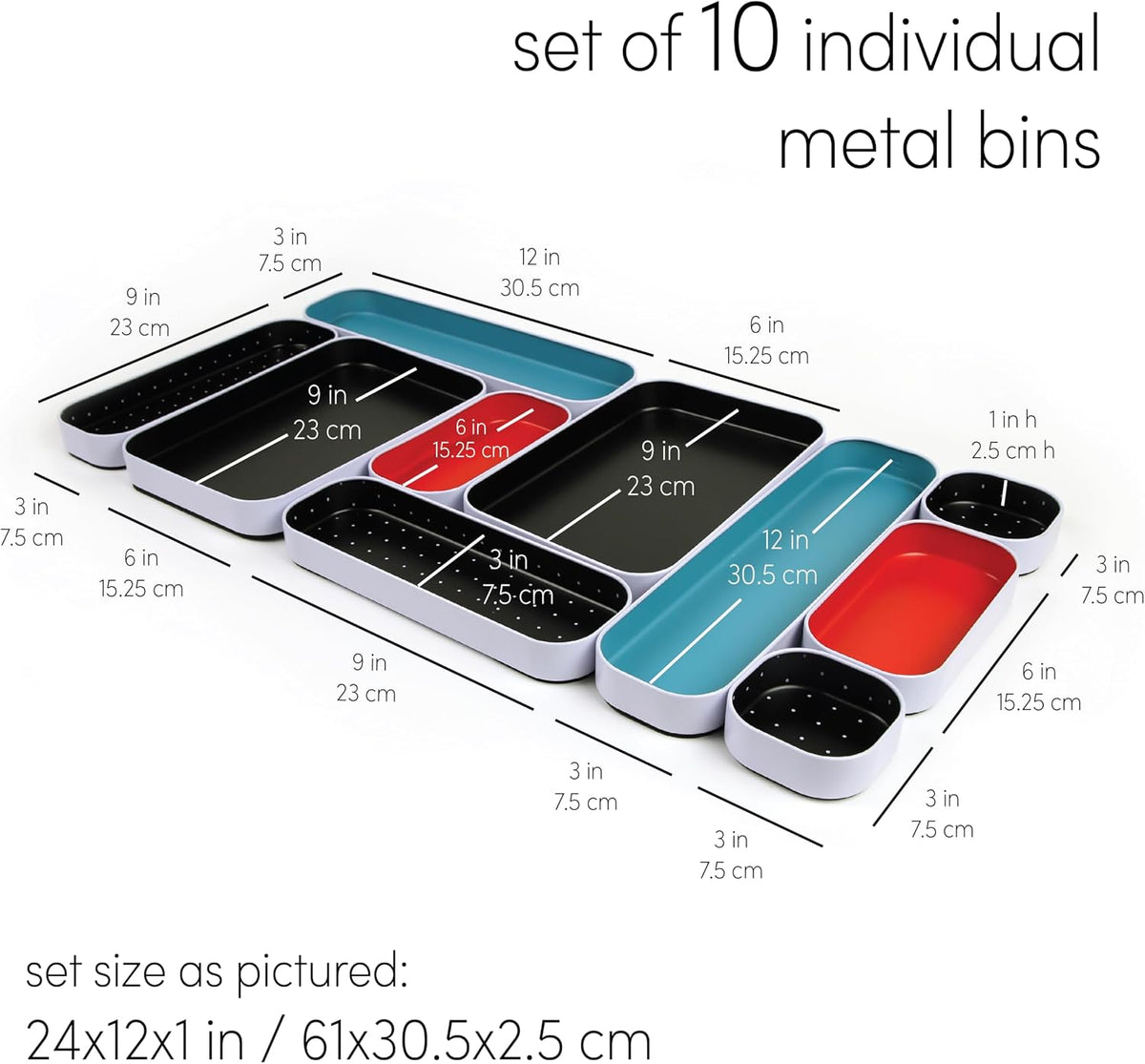 Three by Three Seattle Metal Drawer Organizer Tray Set, 10-Pc, 1" (Multi)