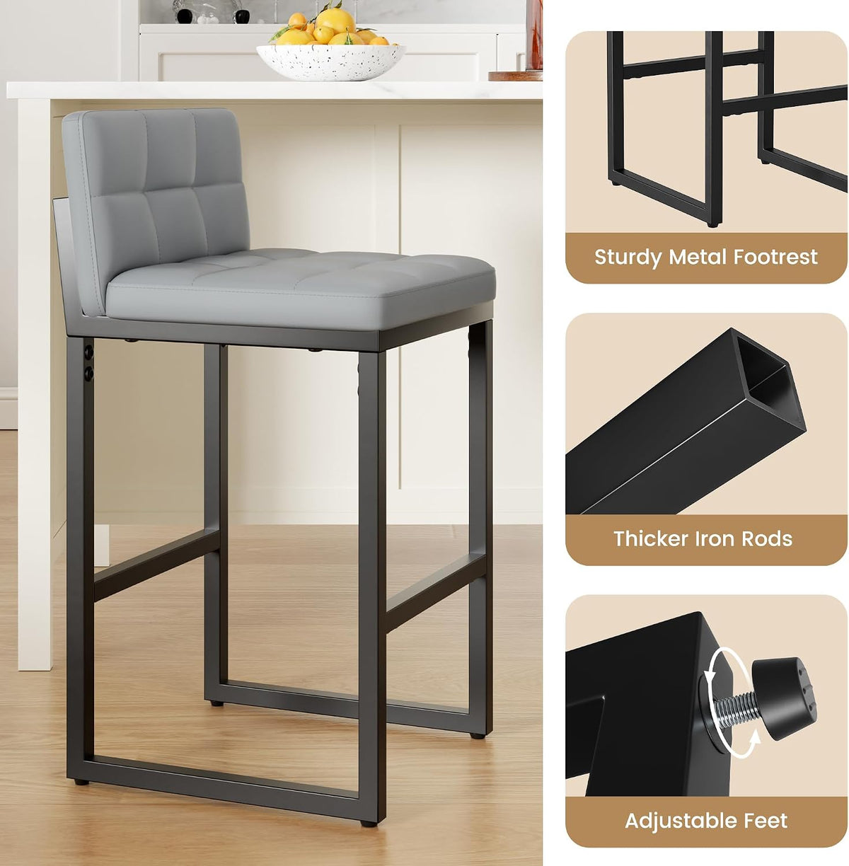 Bar Stools Set of 6, Modern Counter Height Bar Stools, Light Grey
