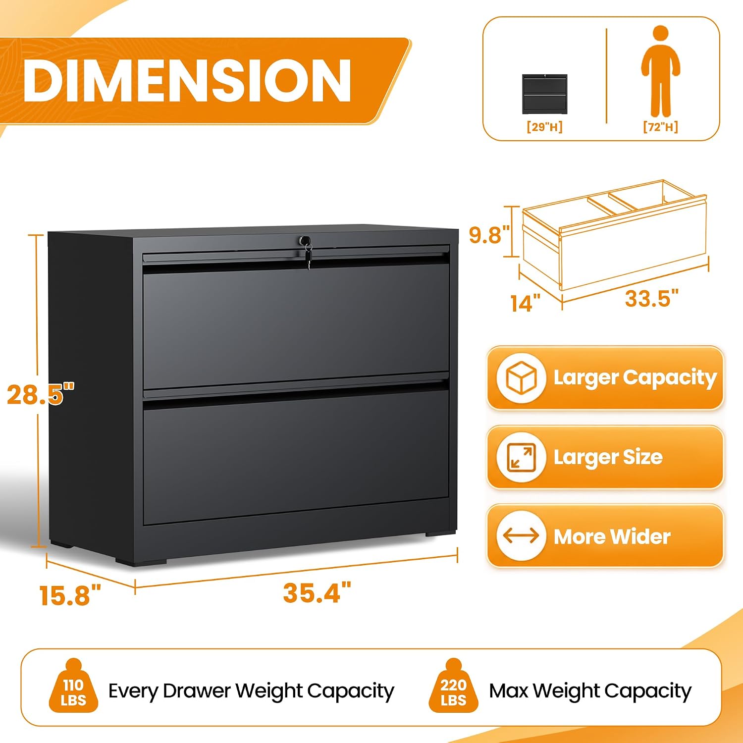 2 Drawer Lateral File Cabinet with Lock, Metal File Cabinets for Home Office, Office Furniture for Organization Hanging Legal/Letter/A4, Metal Filing Cabinet Storage Cabinet, Require Assembly, Black