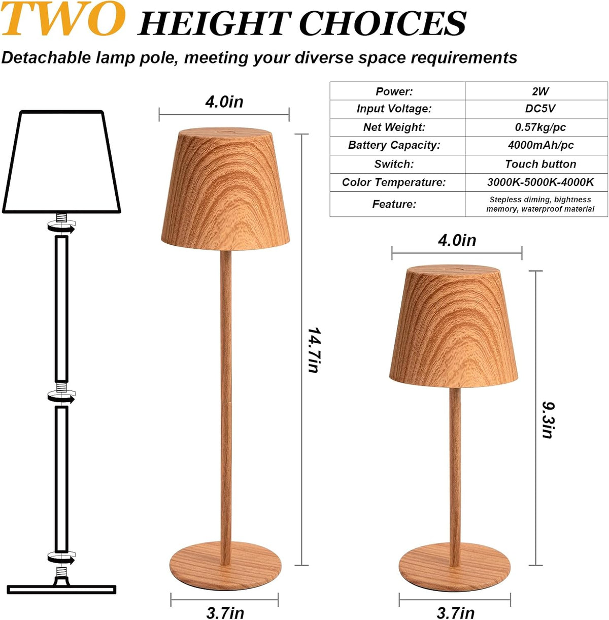Kakanuo Wood Grain Cordless Table Lamp Rechargeable - 2 Pack 5000mAH Battery ...