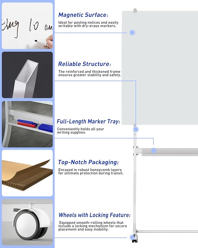 Mobile Glass Whiteboard, 24 x 36 inch Glass Board/w Height Adjustable, Large - Image 5