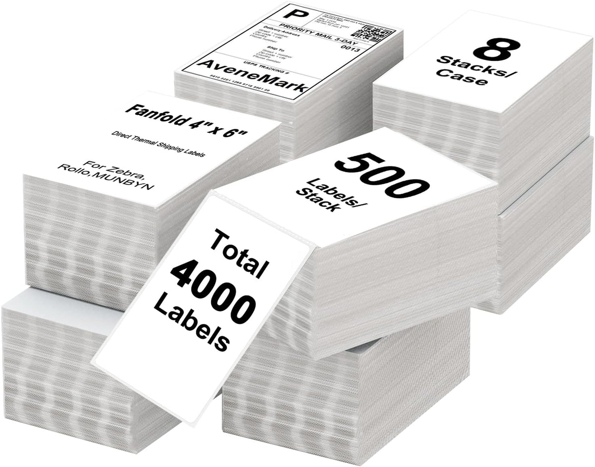 AveneMark 8 Stacks 4000 Labels 4" x 6" Fanfold Direct Thermal Labels, Postage