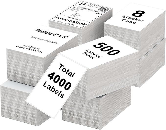 AveneMark 8 Stacks 4000 Labels 4" x 6" Fanfold Direct Thermal Labels, Postage by AveneMark