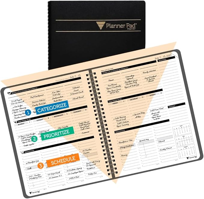 Planner Pad Spiral Bound 3-Tier Funnel Down 12 Month Organizer, July 2025 – by PlannerPad