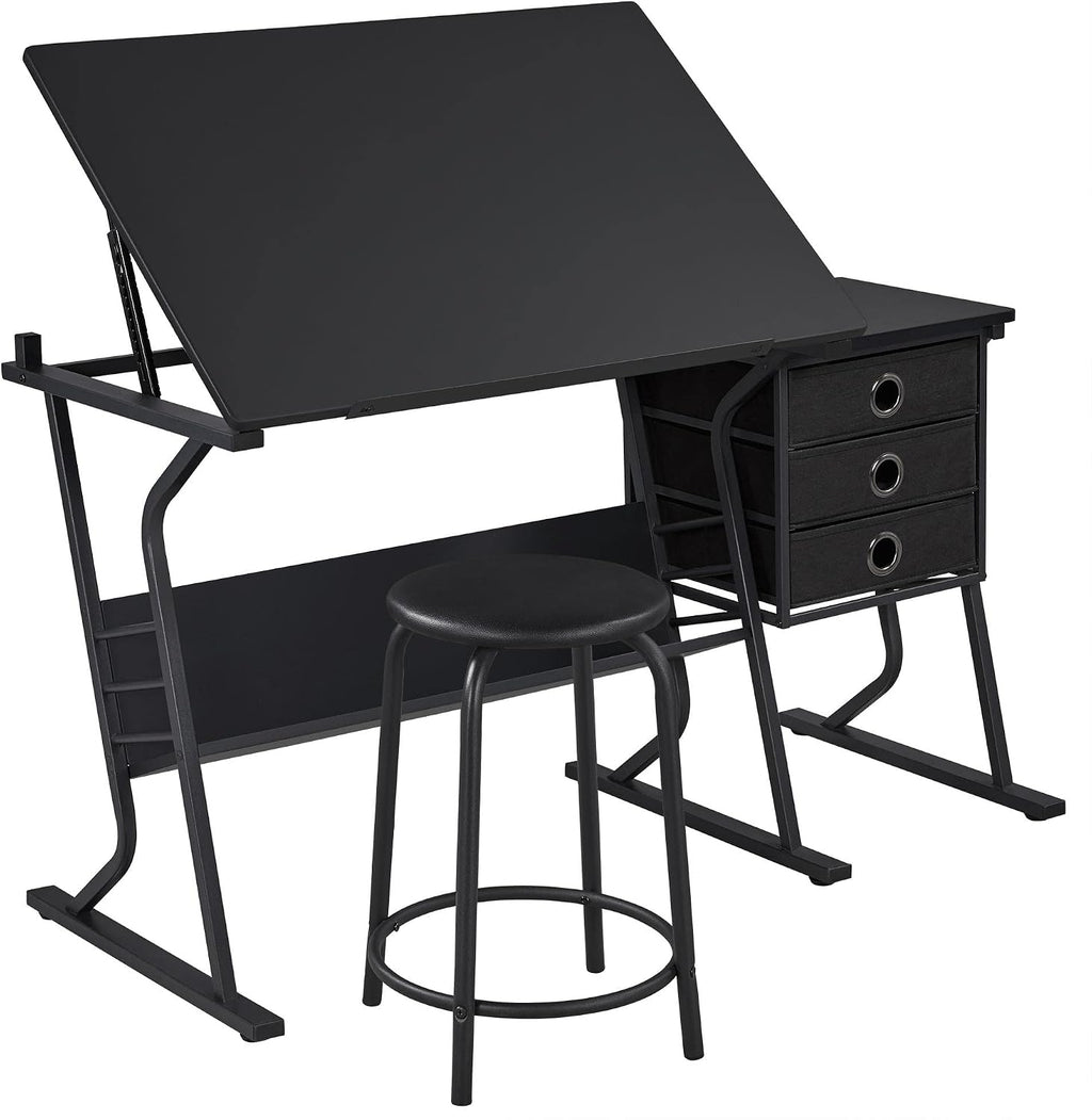 Yaheetech Tilting Drafting Table Art Craft Desk with Stool, Drawers, Black | Steel frame and MDF top adjusts 0-40° for drawing or diamond painting; 3 drawers and shelf organize supplies in small spaces.