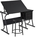 Yaheetech Tilting Drafting Table Art Craft Desk with Stool, Drawers, Black | Steel frame and MDF top adjusts 0-40° for drawing or diamond painting; 3 drawers and shelf organize supplies in small spaces.
