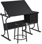 Yaheetech Tilting Drafting Table Art Craft Desk with Stool, Drawers, Black | Steel frame and MDF top adjusts 0-40° for drawing or diamond painting; 3 drawers and shelf organize supplies in small spaces.