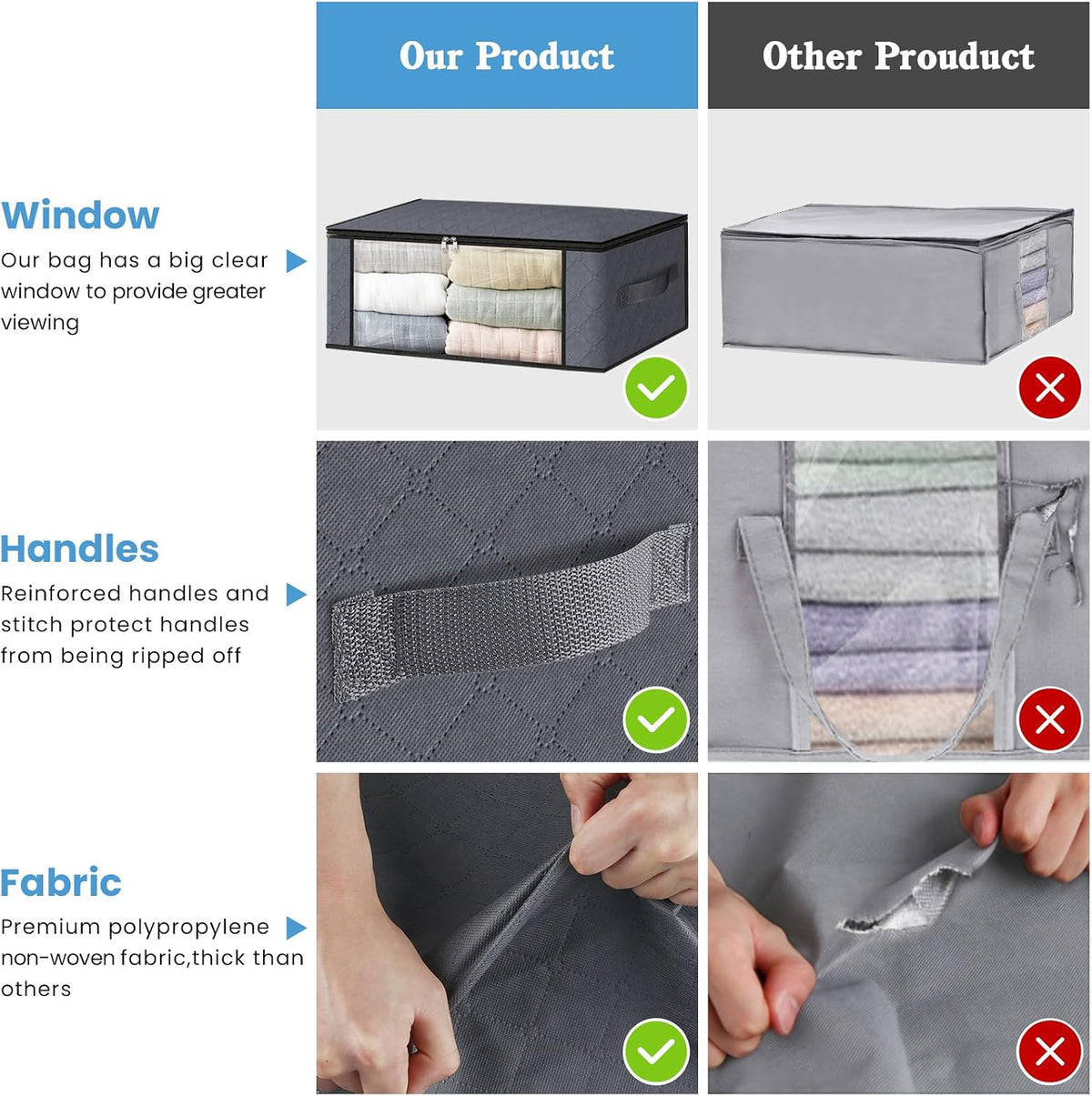 HomeHacks 8-Pack Clothes Organizer Storage Bags, 35L Storage Bins, Gray