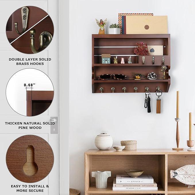 Mutsault Key Holder for Wall, Mail Organizer Wall Mounted, Luxury Walnut - Image 6