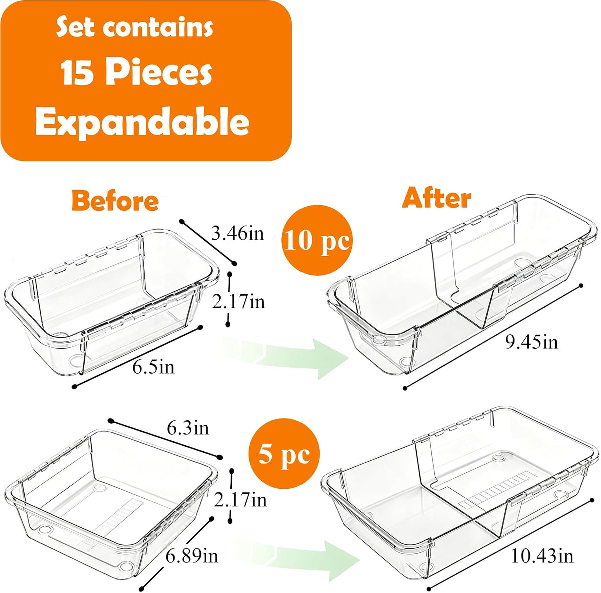 15Pcs Clear Expandable Drawer Organizer Bins for Vanity Desk Bathroom