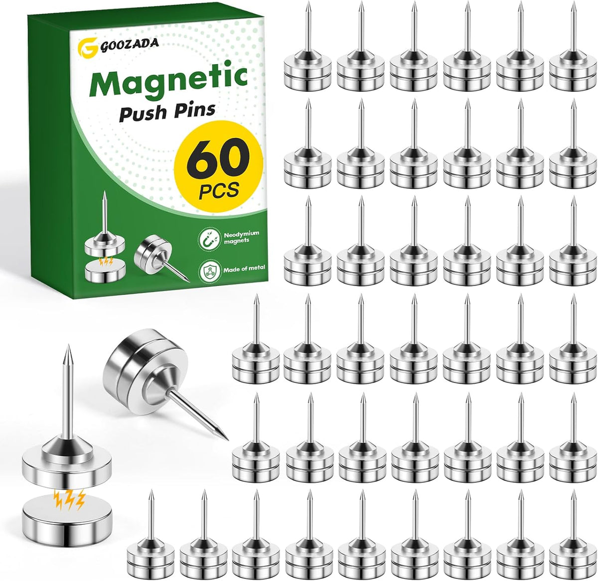 60 Pack Magnetic Push Pins, Silver Magnet Thumb Tacks, Metal Magnet Tacks, Ma...