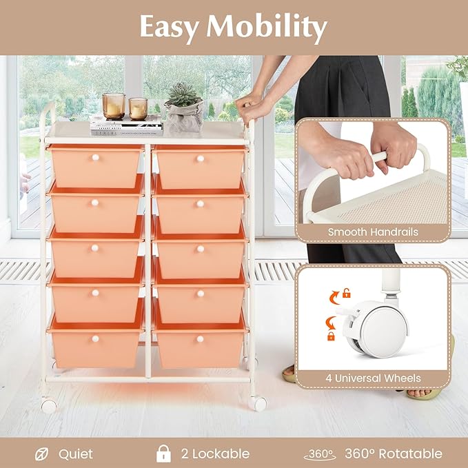LDAILY 10 Drawer Rolling Cart, Storage Cart Organizer on Wheels, Drawer Cart - Image 5