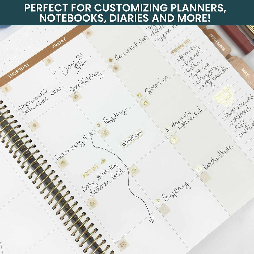 bloom daily planners Metallic Calendar Essentials Planner Stickers - 8 Sheets, 1629 Stickers Per Pack! - Aesthetic Monthly Headings, Dates, Icons, Etc. - Gold Foil