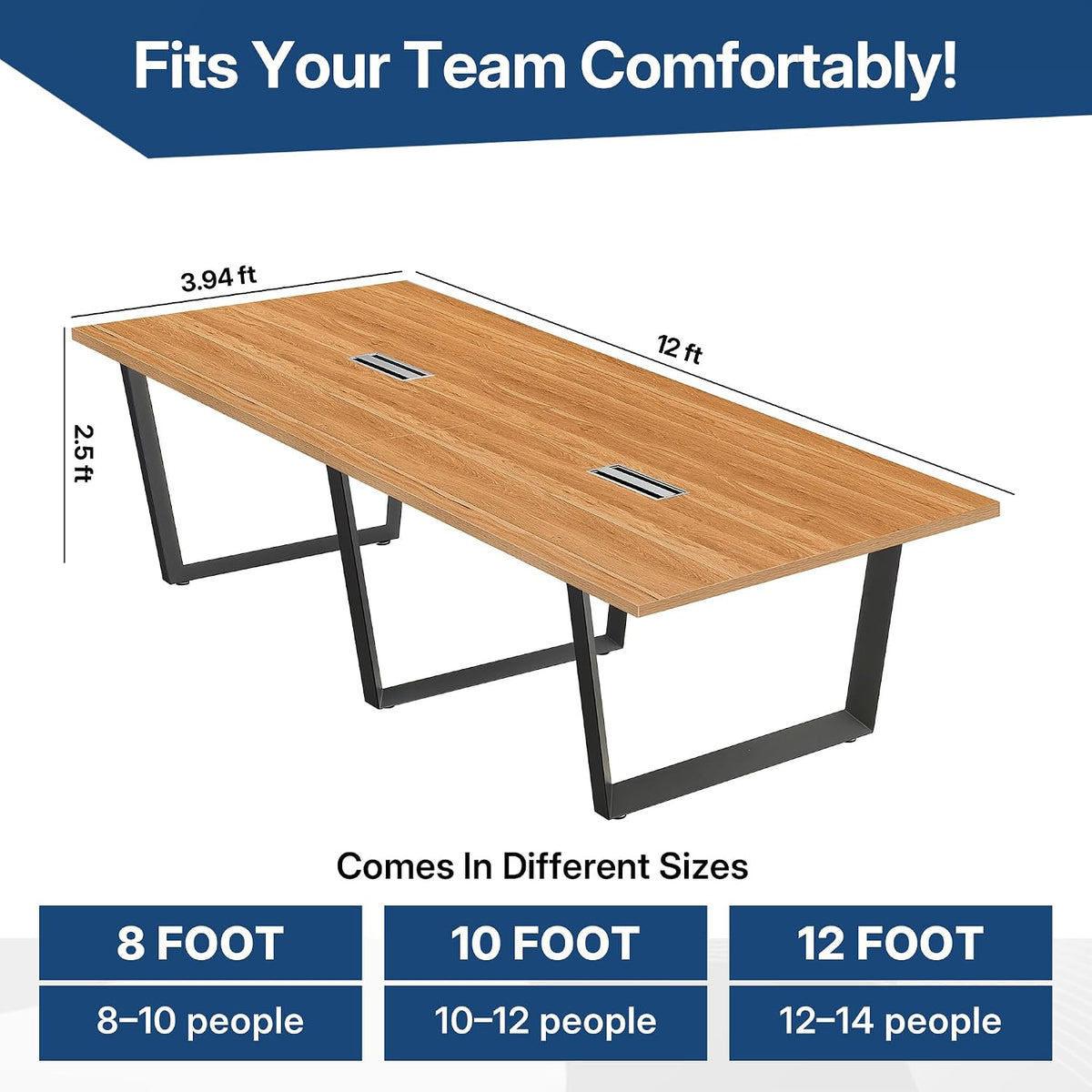 12FT Conference Table with Cable Management Grommets — Modern Rectangle Offic...