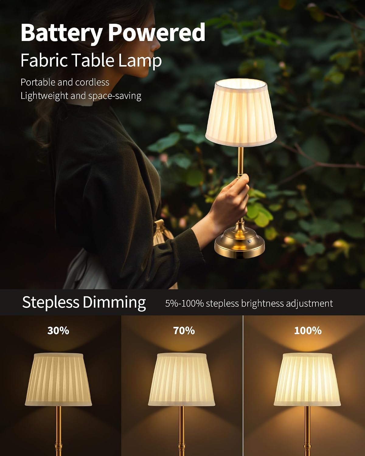 kdg gold cordless portable led table lamp, beige, side view