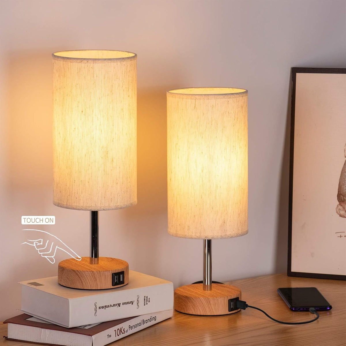 Yarra-Decor Bedside Table Lamps with USB Port - Touch Control Small Lamp for ...