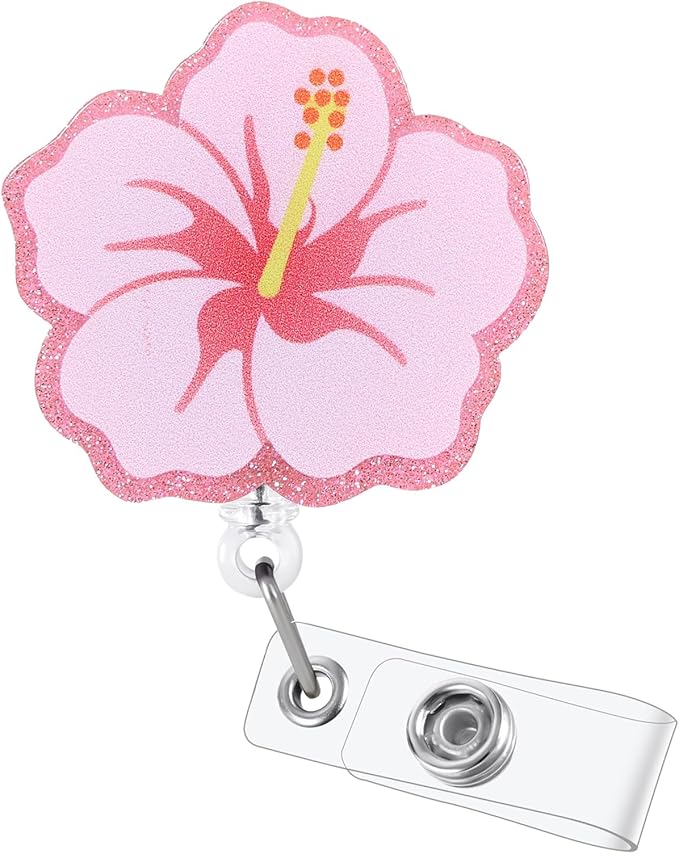 Cute Hibiscus Flower Badge Reel, Retractable ID Card Pink Badge Holders by BVIIE