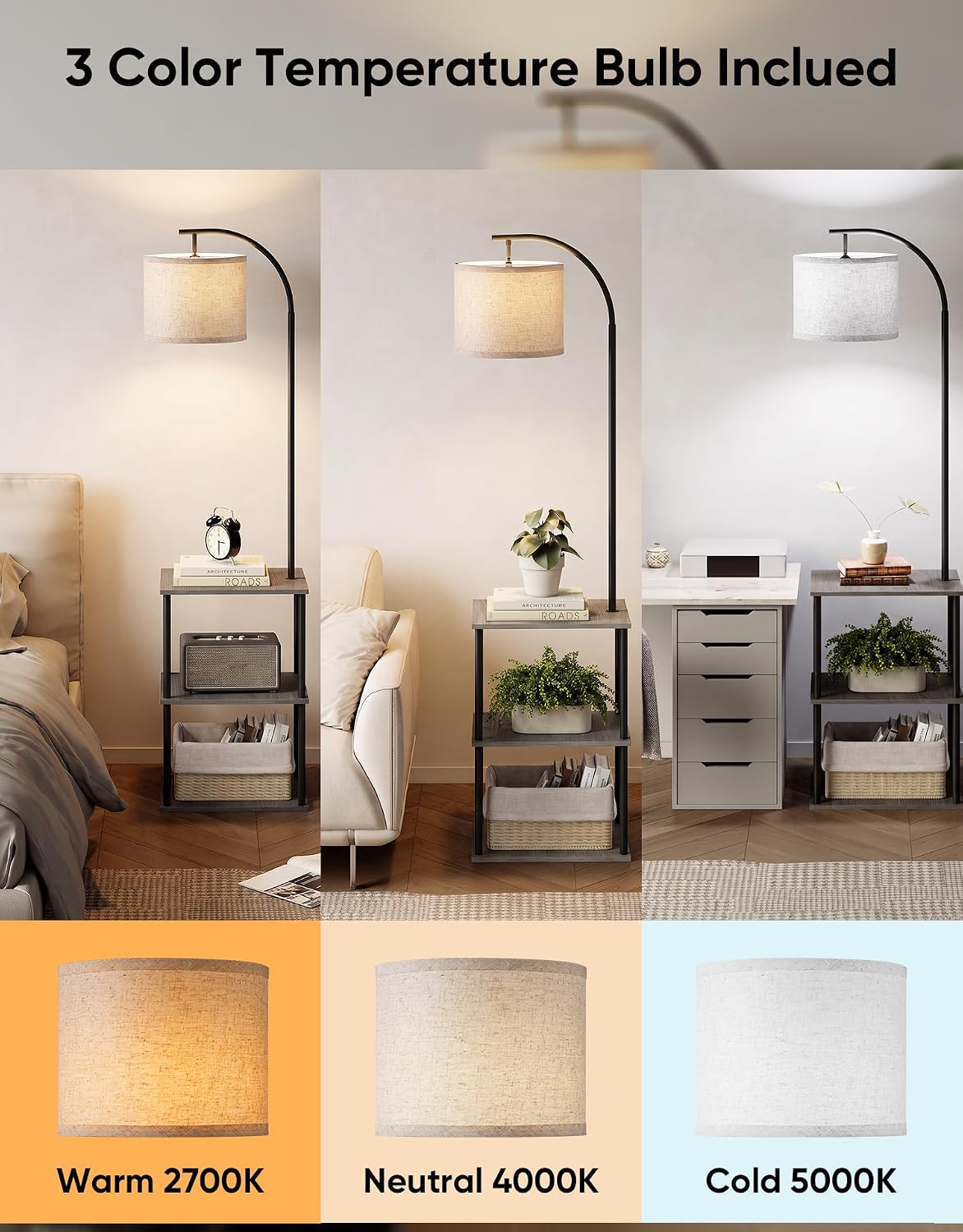 PARTPHONER Floor Lamp with Table, Night Stand with Lamp, Narrow Side Table wi...