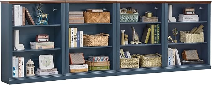 RWYHG 43" Blue Tall Bookshelf Set of 4, 3-Tier Thick Wooden Book Shelf by RWYHG