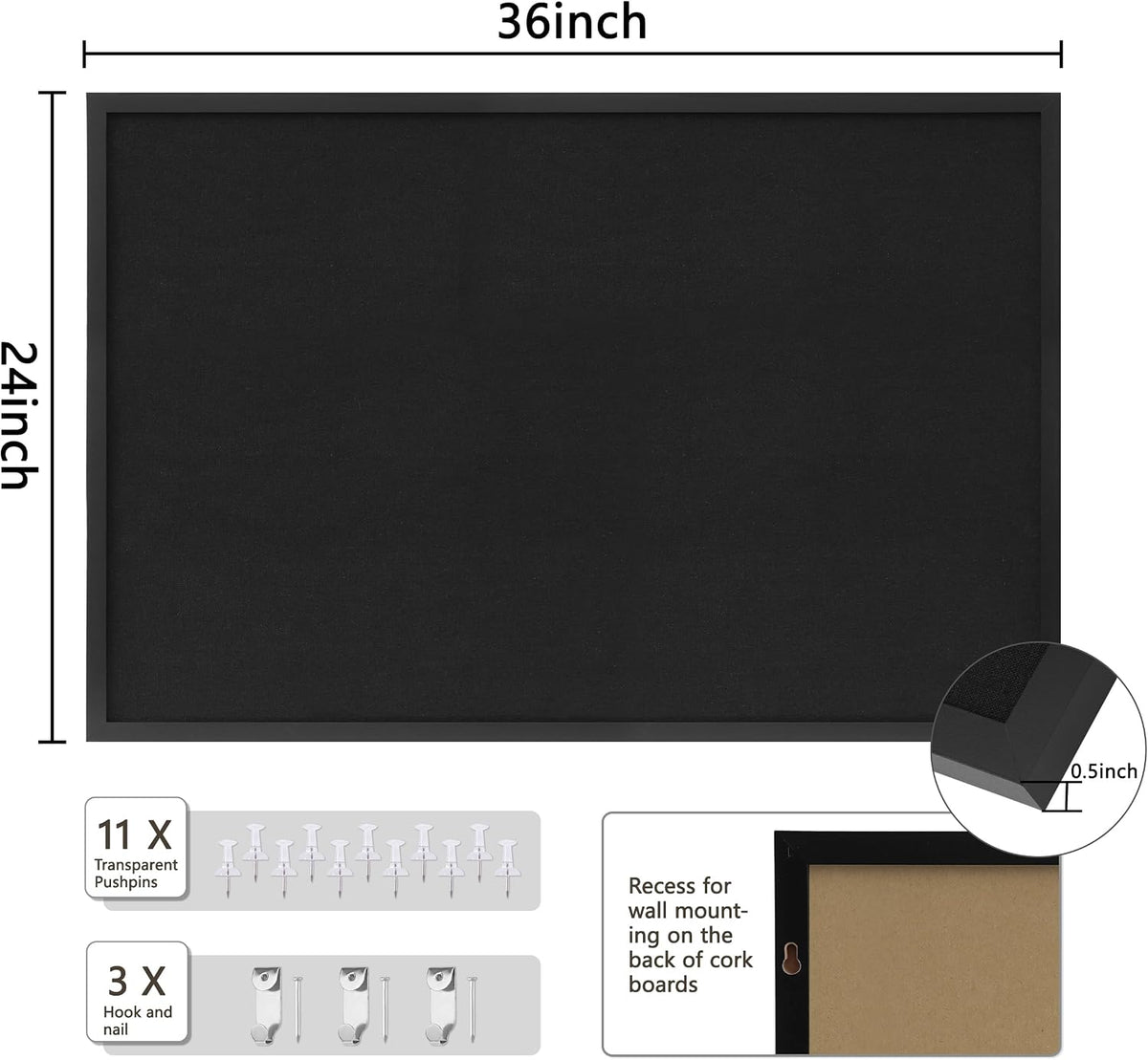 DAHAPYBOO Cork Board with Linen Black,Bulletin Board 36"x24"