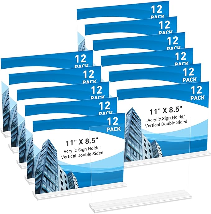 12 Pack Acrylic Sign Holder 11 x 8.5 Horizontal, Double-Sided Clear Sign Holder by DECOHOBO