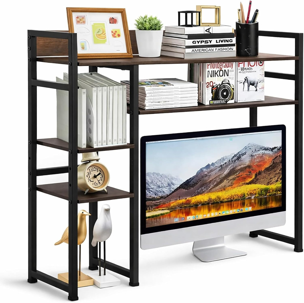 Desk Shelf Storage, 38 Inch, 4-Tier Wood Bookshelf Organizer, Computer Desk H...