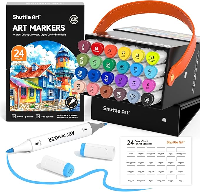Shuttle Art Brush Tip Alcohol Markers, Dual Tip Brush & Fine Tip Art Marker Set by ShuttleArt