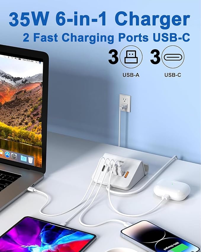 VHBW USB C Charger Block, 6 Port 3A and 3C Multiple USB Charging Station - Image 2