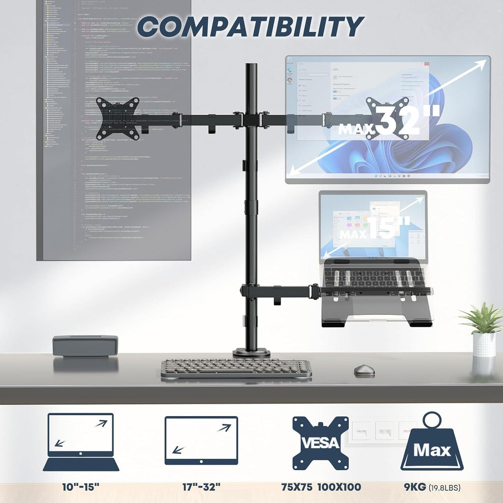 dual monitor stand and laptop mount, fits 32" shown in use