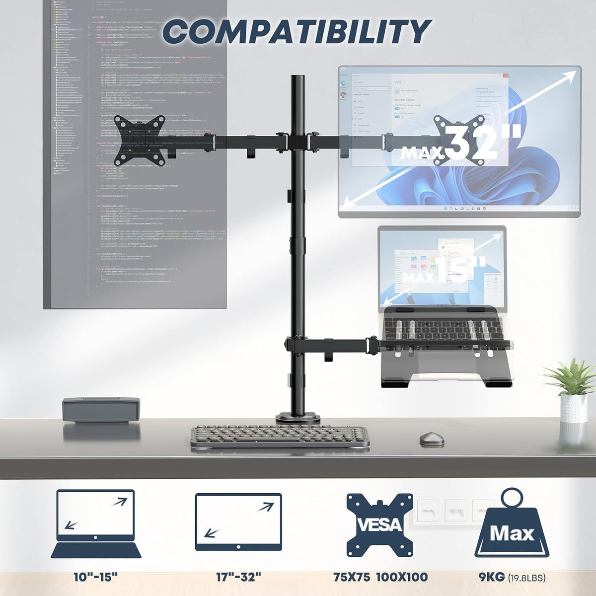 dual monitor stand and laptop mount, fits 32" shown in use