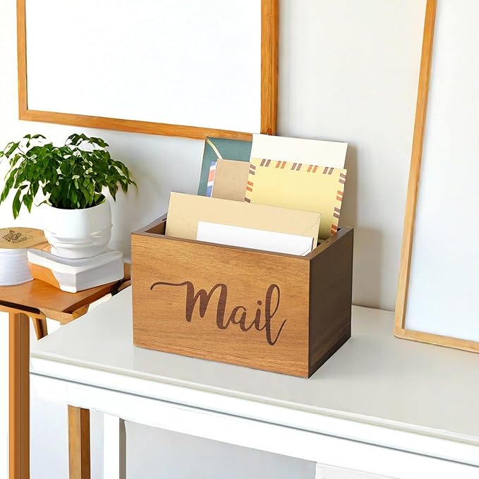 LBEMEY Mail Holder Storage Organizer Box, Acacia Wood Mail Organizer Countertop - Image 7